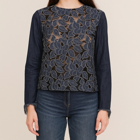 English Factory Tops - English Factory Womens Denim Blue  Embroidered Flower Long Sleeves Blouse Sz: XS